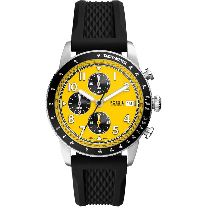 Fossil Sport Tourer 42mm Chronograph Yellow Dial Silicone Mens Quartz Watch FS6044