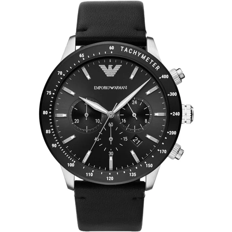 Emporio Armani Mario 43mm Chronograph Black Dial Leather Mens Quartz Watch AR11243