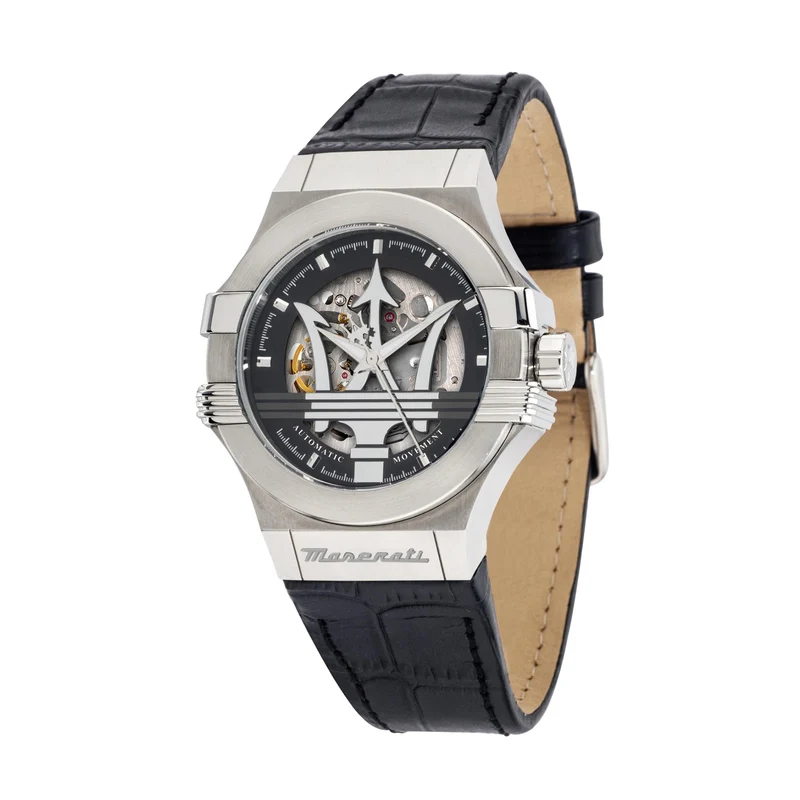Maserati Potenza Quartz Skeleton Dial Black Leather Strap Men's Watch R8821108038