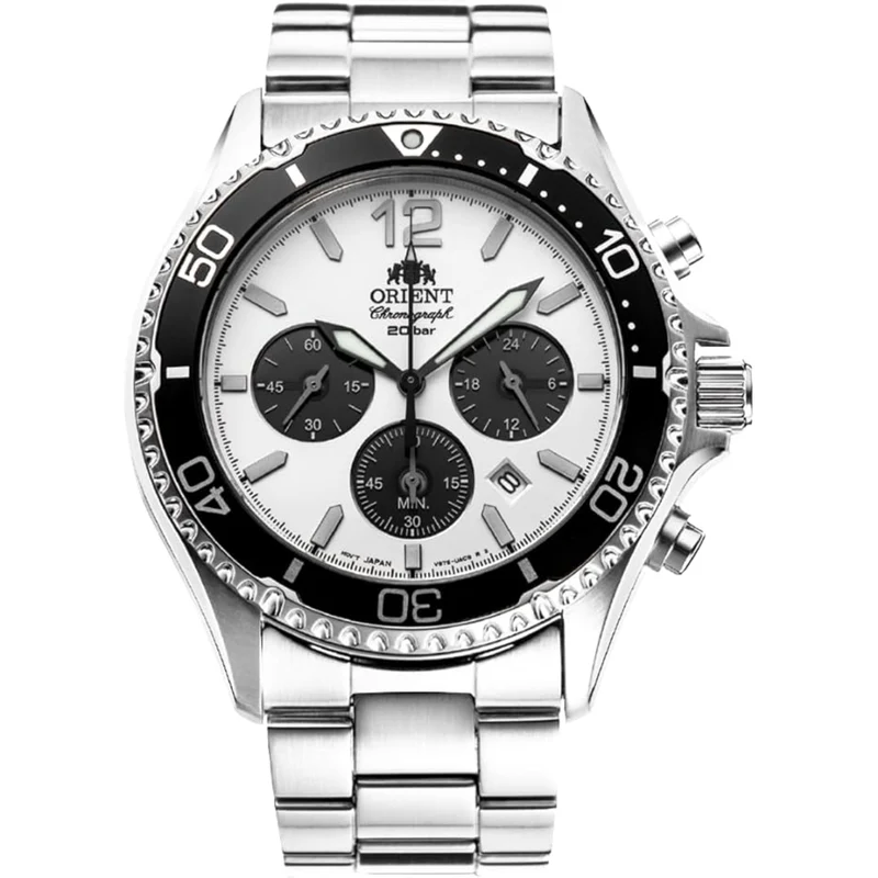 Orient Mako 43mm Solar Ex-Display Chronograph White Dial Steel Mens Quartz Watch RA-TX0203S10B