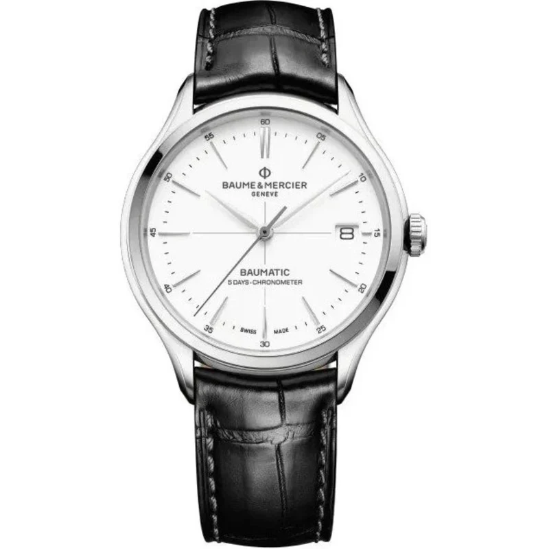 Baume & Mercier Clifton Baumatic Automatic White Dial Black Leather Strap Men's Watch BM0A10518