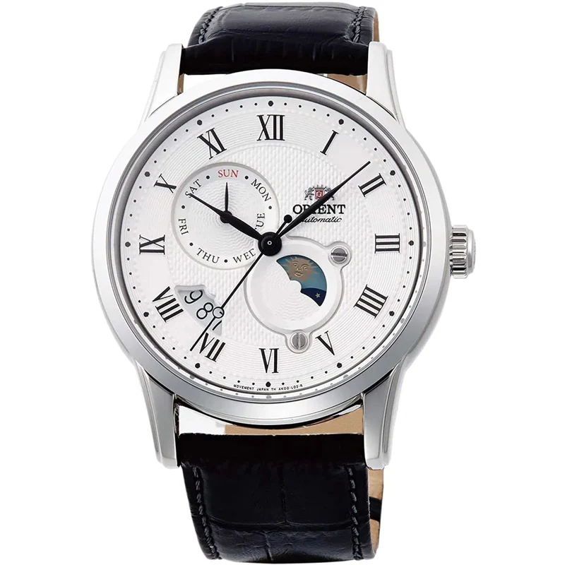 Orient Bambino 42.5mm Sun & Moon White Dial Leather Mens Automatic Watch RA-AK0008S10B