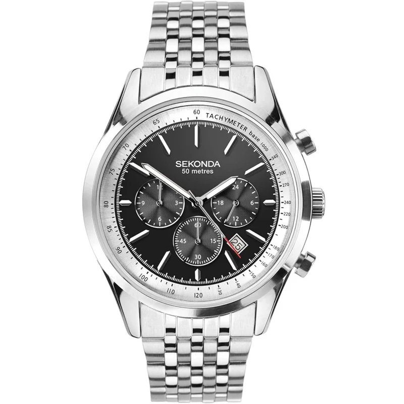 Sekonda Chronograph Quartz Black Dial Silver Steel Bracelet Men's Watch 1772