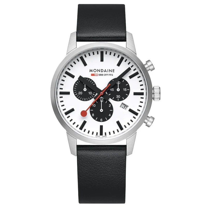 Mondaine Neo 41mm Chronograph White Dial Leather Mens Quartz Watch MSD.41410.LBV