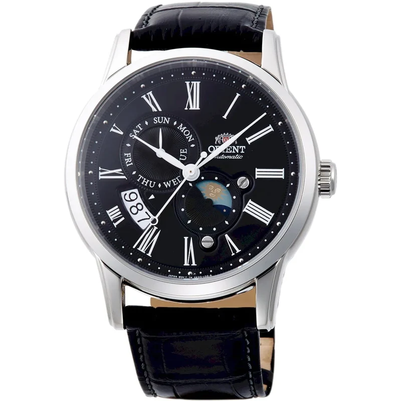 Orient Bambino 42.5mm Sun & Moon Black Dial Leather Mens Mechanical Watch RA-AK0010B10B
