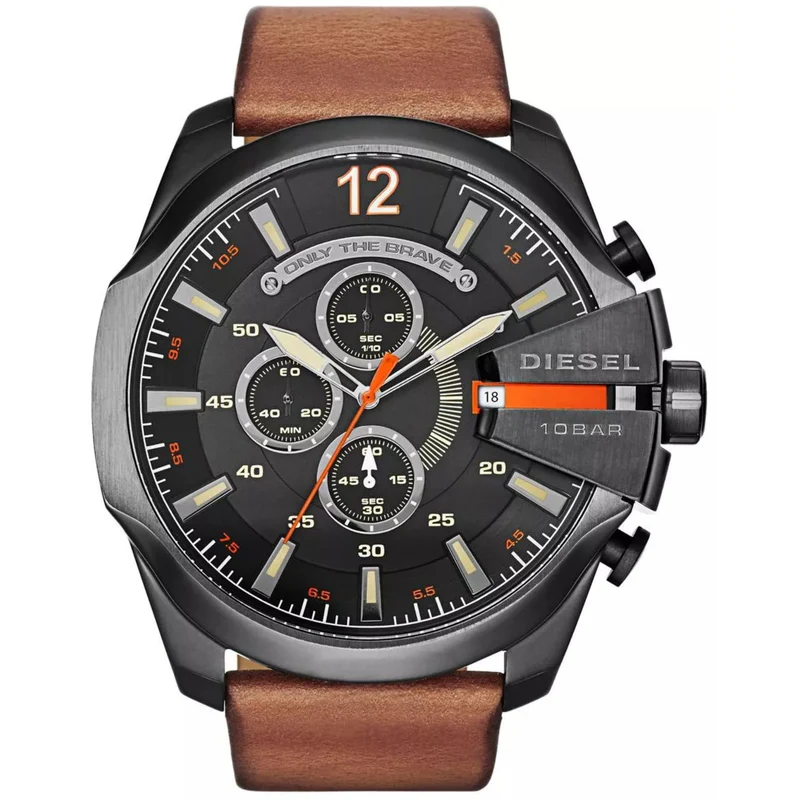 Diesel Mega Chief 51mm Chronograph Black Dial Leather Mens Quartz Watch DZ4343
