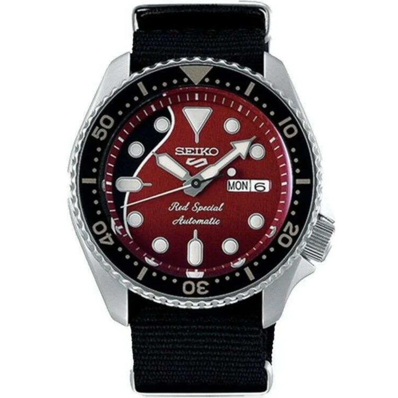 Seiko 5 Sports Brian May x Limited Edition "Red Special" Automatic Guitar Dial Black Nylon Military Strap Men's Watch SRPE83K1