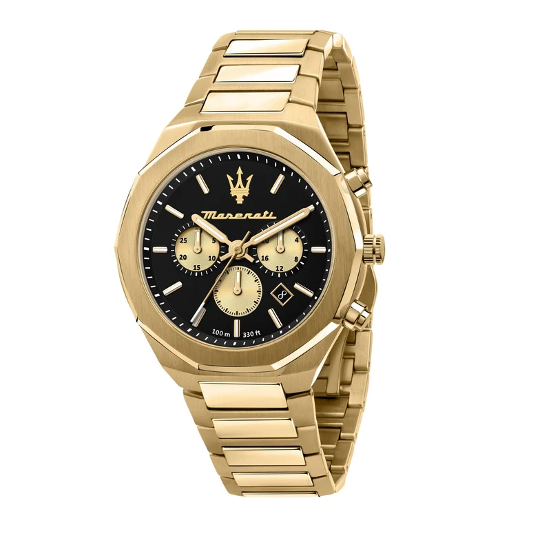 Maserati Stile Quartz Black Chronograph Dial Gold PVD Steel Bracelet Men's Watch R8873642001
