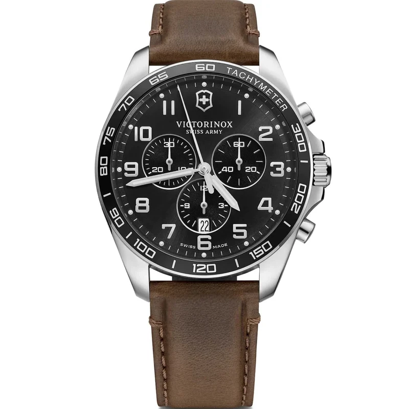 Victorinox FieldForce 42mm Chronograph Black Dial Leather Mens Watch 241928