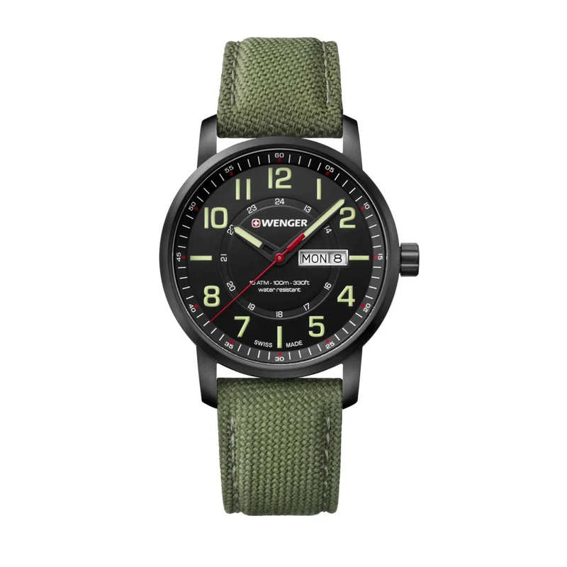 Wenger Attitude Quartz Black Dial Green Nylon Strap Men's Watch 01.1541.104