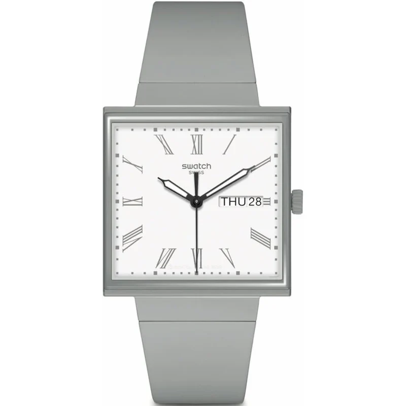 Swatch WHAT IF...GRAY? Square Bioceramic White Dial Bio-sourced Strap Watch SO34M700