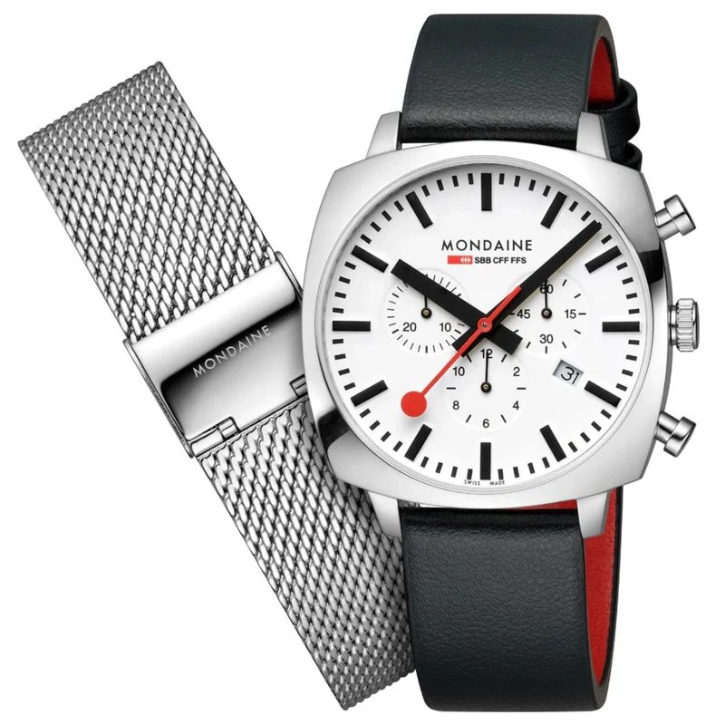 Mondaine Grand Cushion 41mm Chronograph White Dial Leather & Steel Mens Quartz Watch MSL.41410.LBV.SET