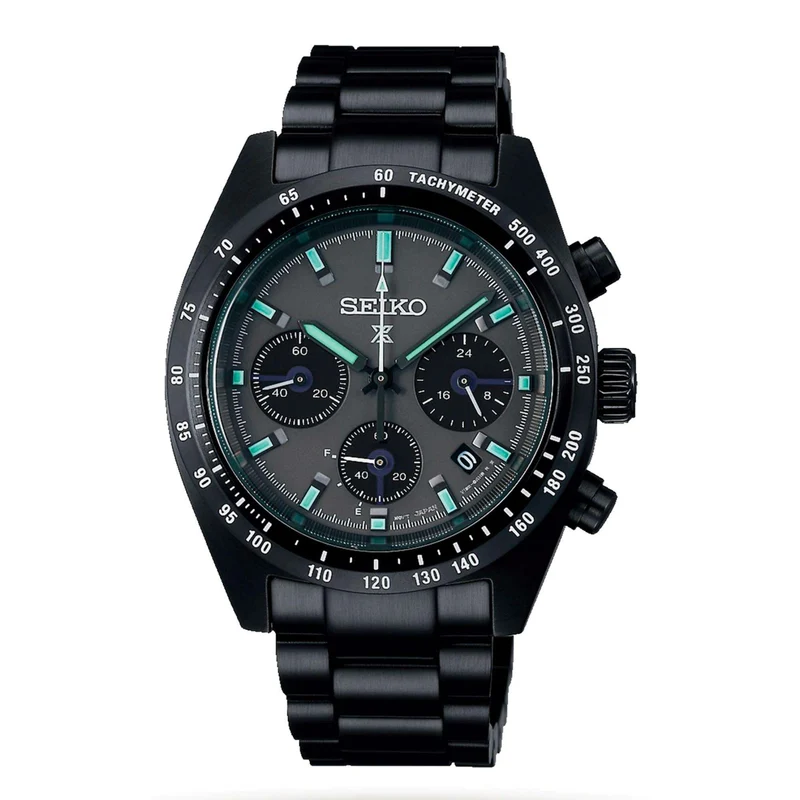 Seiko Prospex 'Black Series' Speedtimer Solar Chronograph Black Dial Steel Bracelet Men's Watch SSC917P1