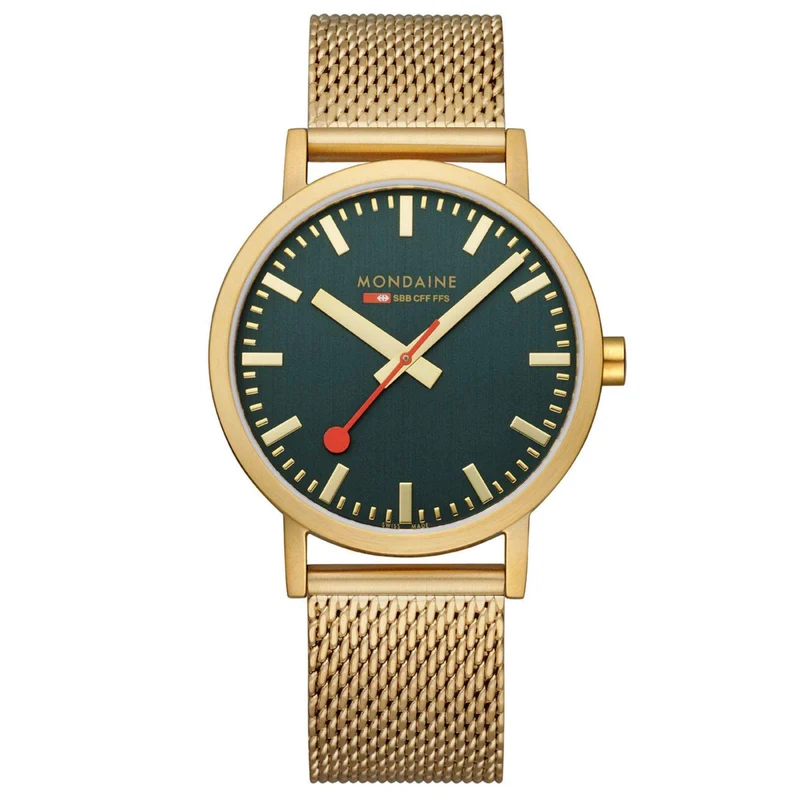 Mondaine Classic IP Gold Mesh Bracelet Green Dial Watch A660.30360.60SBM