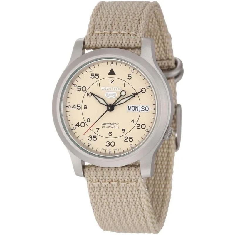 Seiko 5 Automatic Beige Dial Beige NATO Style Strap Men's Watch SNK803K2