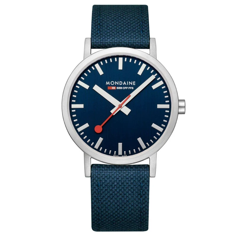 Mondaine Classic 40mm Deep Ocean Blue Dial Textile Mens Quartz Watch A660.30360.40SBD