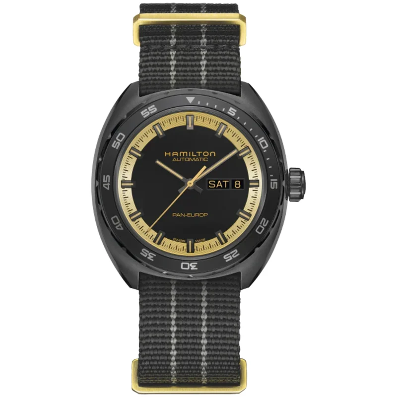Hamilton American Classic 42mm Pan Europ Day Date Black Dial Leather Mens Automatic Watch H35425730
