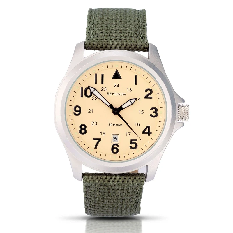 Sekonda Aviator Quartz Cream Dial Green Fabric Strap Men’s Watch 3341