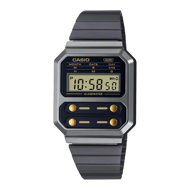 Casio Collection Vintage Edgy Quartz Digital Black/Gunmetal Grey IP Plated Steel Watch A100WEGG-1A2EF