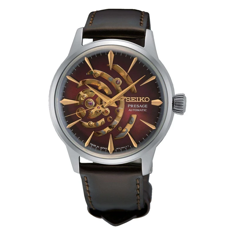 Seiko Presage Cocktail Time Star Bar 'Red Brick' Automatic Red Dial Black Leather Strap Limited Edition Men’s Watch SSA457J1