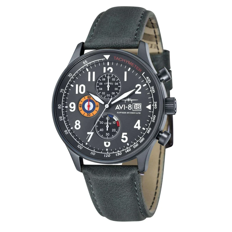 The AVI-8 Hawker Hurricane Classic Chronograph Black Dial Green Leather Strap Mens Watch AV-4011-0D