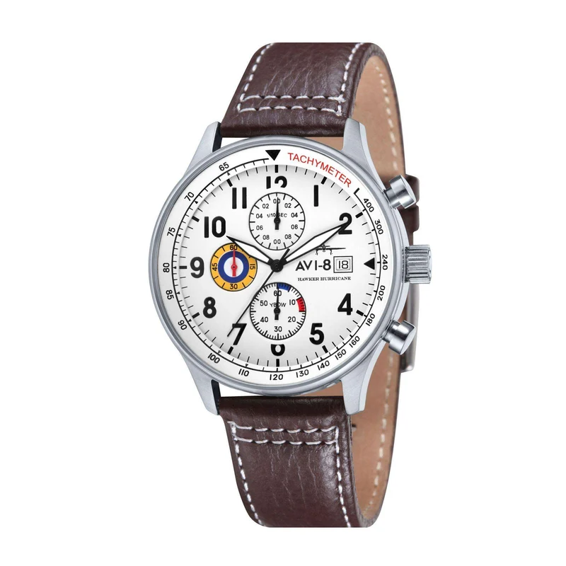 The AVI-8 Hawker Hurricane Classic Chronograph White Dial Brown Leather Strap Mens Watch AV-4011-01