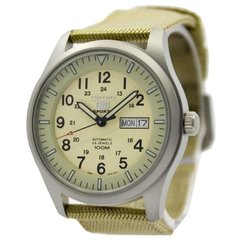 Seiko 5 Sports Automatic Military Cream Dial Canvas Men's Watch SNZG07K1