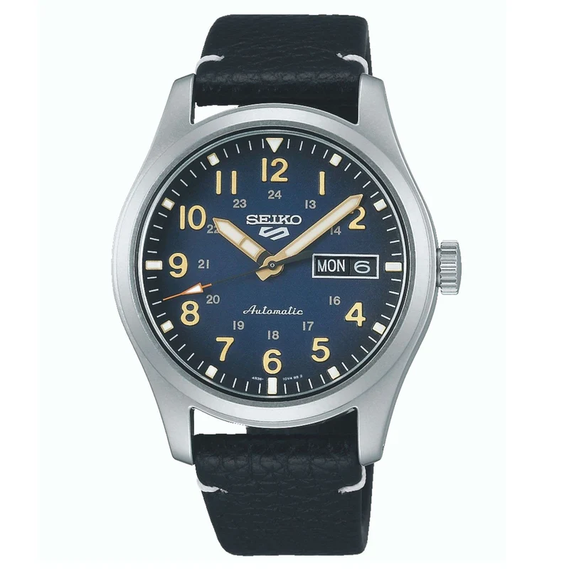 Seiko 5 Sports Field Military Automatic Blue Dial Black Leather Strap Men's Watch SRPG39K1