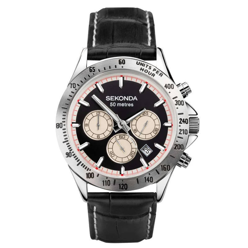 Sekonda Chronograph Quartz Black Dial Black Leather Strap Men's Watch 1721