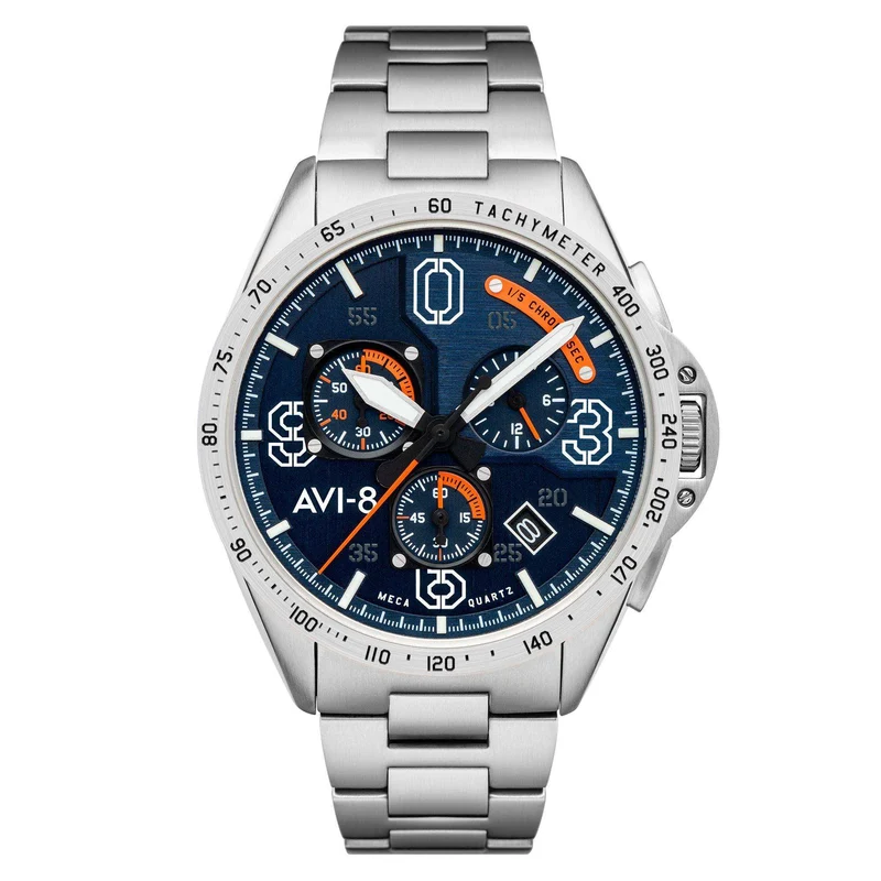AVI-8 P-51 Mustang Blakeslee Chronograph Silver Oak Mens Watch AV-4077-22