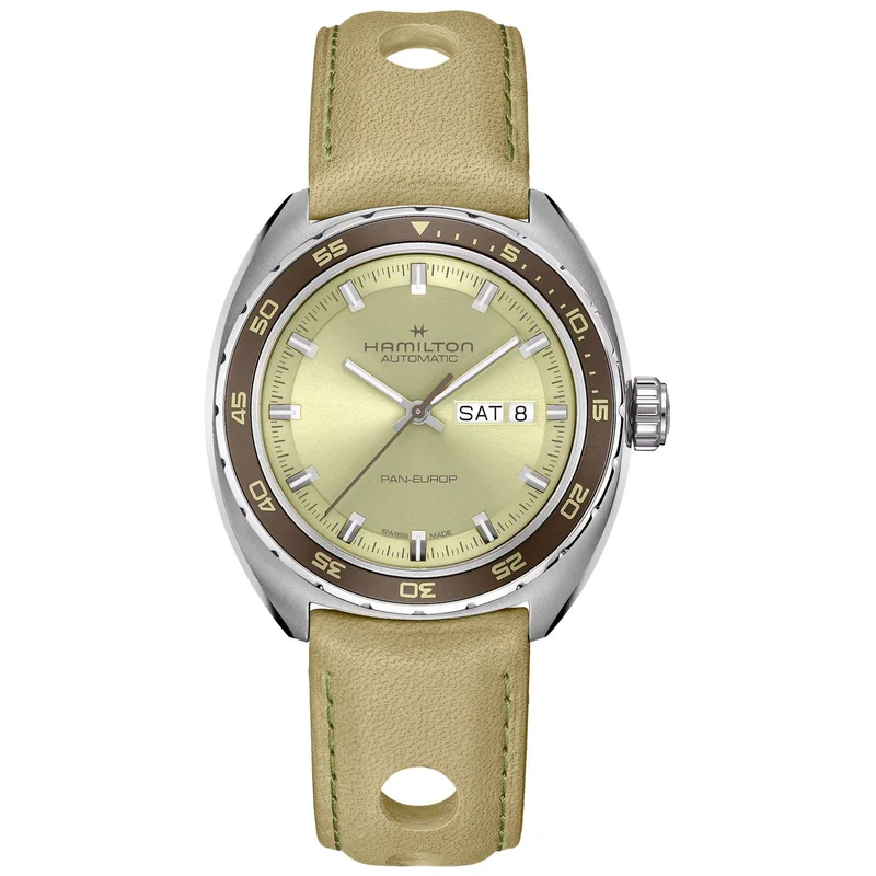 Hamilton American Classic 42mm Pan Europ Day-Date Green Dial Leather Mens Automatic Watch H35445860