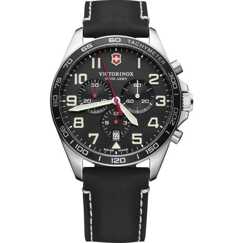 Victorinox Fieldforce 42mm Chronograph Black Dial Leather Mens Quartz Watch 241852