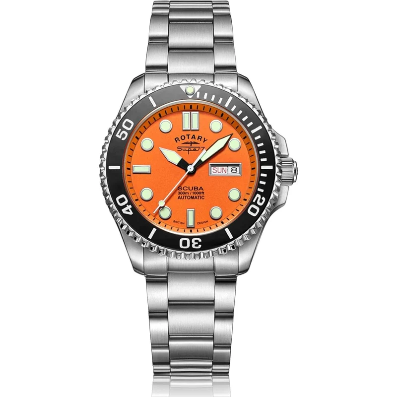 Rotary Super 7 SCUBA Automatic Orange Dial Ceramic Bezel Silver Stainless Steel Bracelet Men's Dive Watch S7S002B