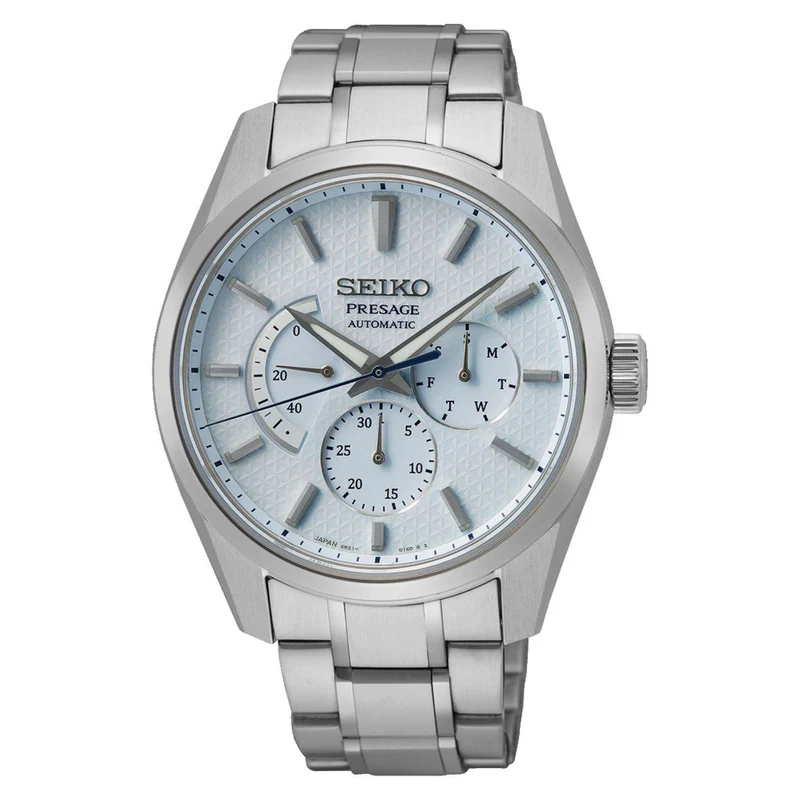 Seiko Presage Sharp Edged Geppaku Moonlight Automatic Blue Dial Stainless Steel Bracelet Men's Watch SPB305J1