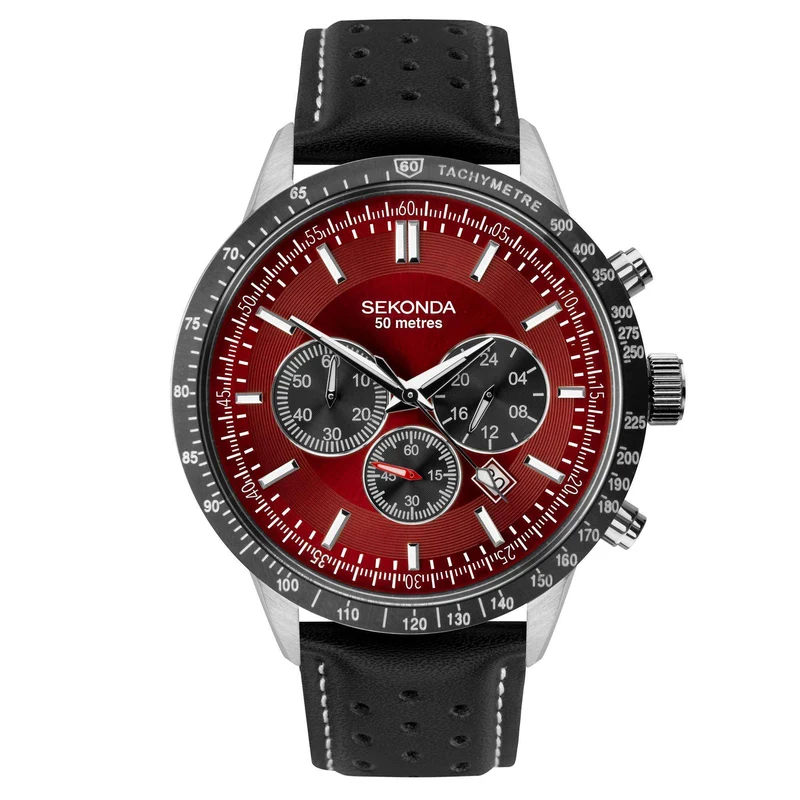 Sekonda Chronograph Quartz Red Dial Black Leather Strap Men's Watch 1938