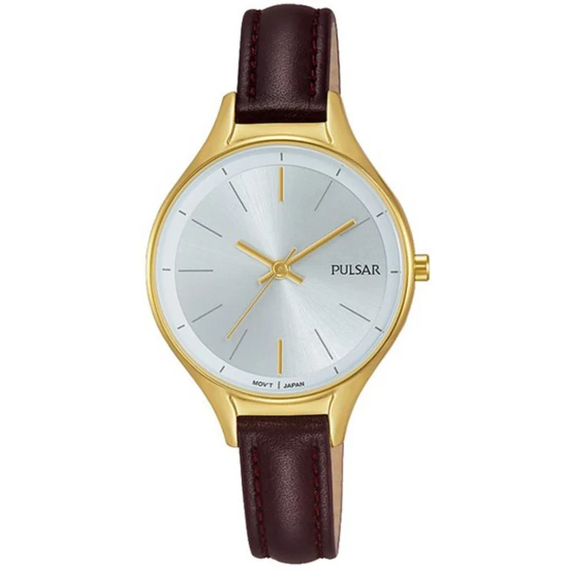 Pulsar Dress PVD Gold Plated Silver Dial Leather Strap Ladies Watch PH8280X1