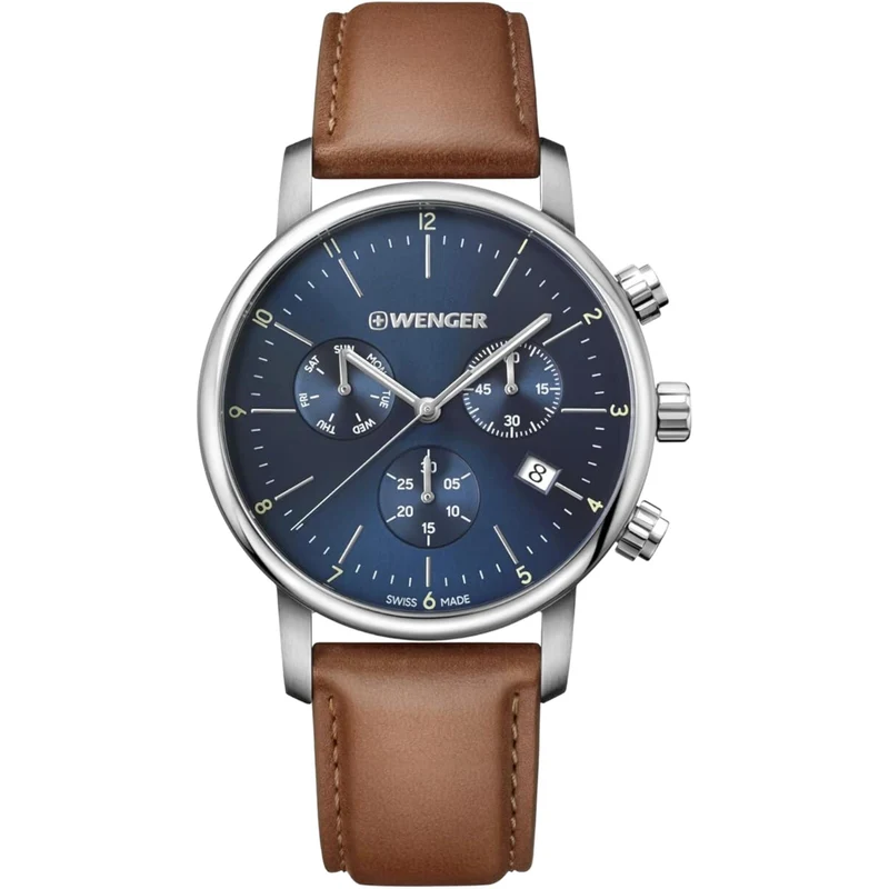 Wenger Urban Classic Chronograph Quartz Blue Dial Brown Leather Strap Men’s Watch 01.1743.104