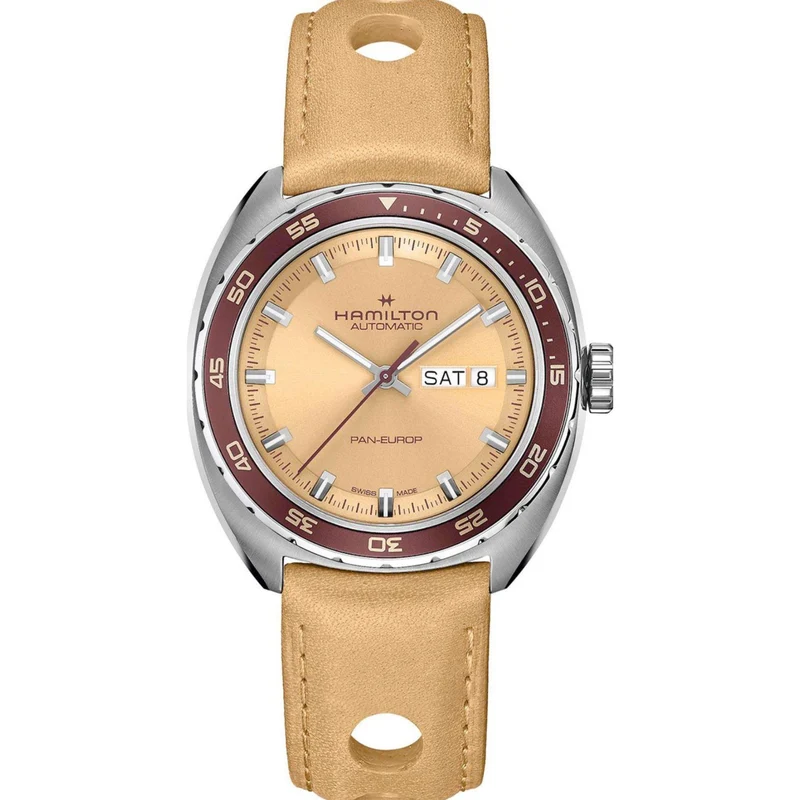 Hamilton American Classic 42mm Pan Europ Day-Date Beige Dial Leather Mens Automatic Watch H35435820