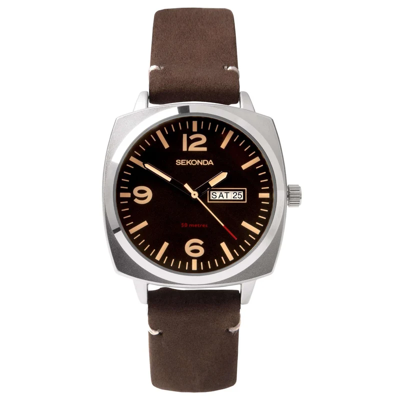 Sekonda Airborne Quartz Black Dial Brown Strap Men's Watch 1988