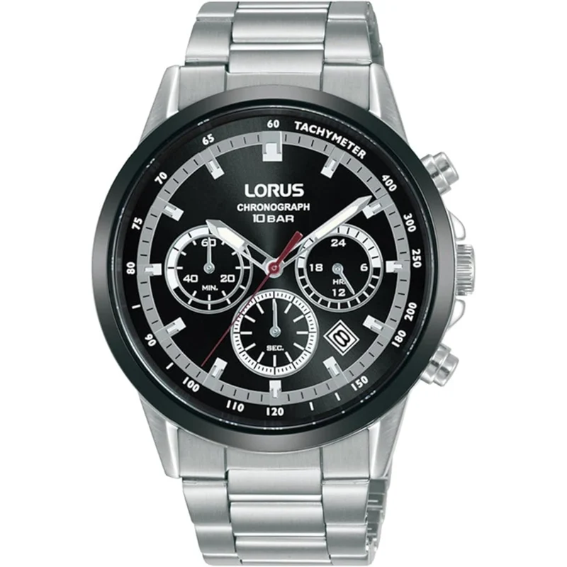 Lorus Sports Chronograph Quartz Black Dial Steel Strap Men's Watch RT397JX9