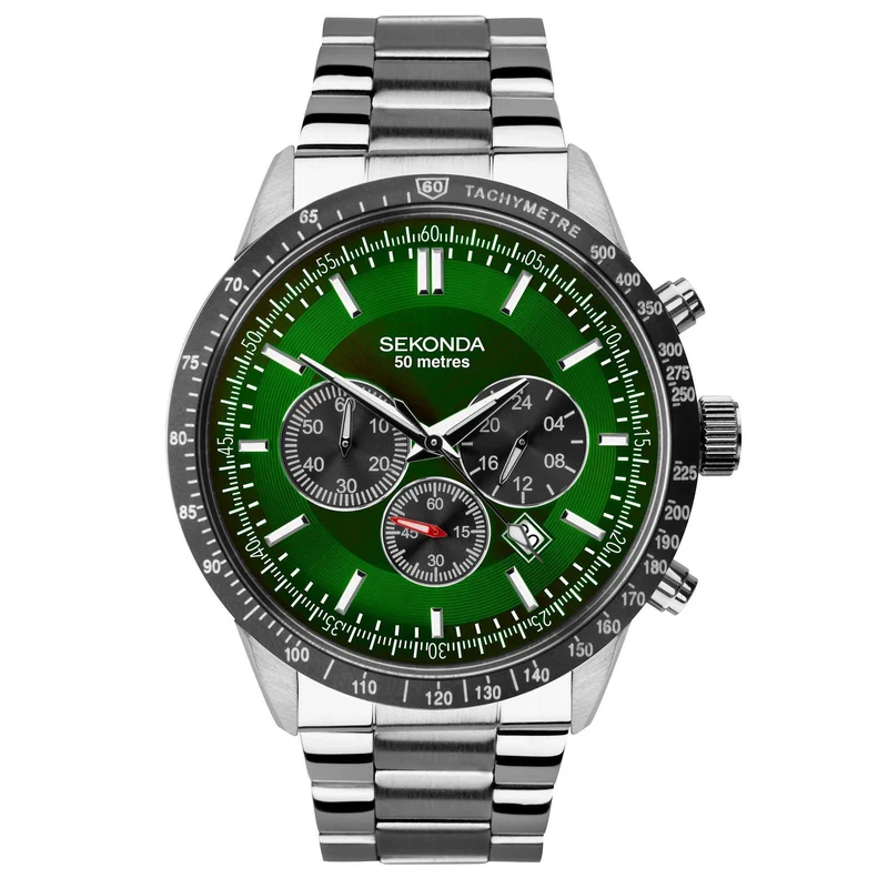 Sekonda Chronograph Quartz Green Dial Stainless Steel Bracelet Men's Watch 1913