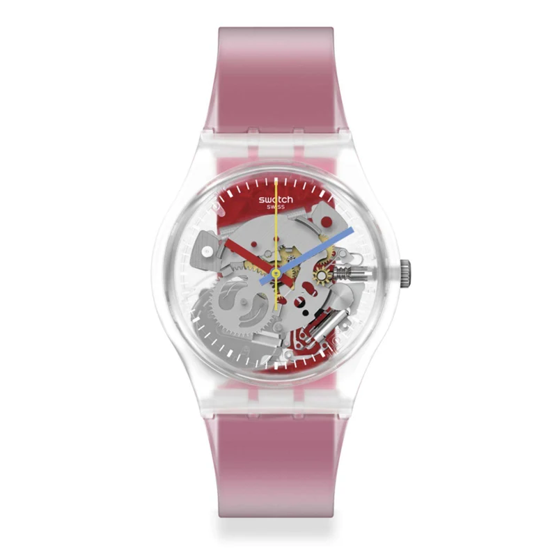 Swatch Clearly Red Striped Quartz Transparent Dial Red Silicone Strap Watch GE292