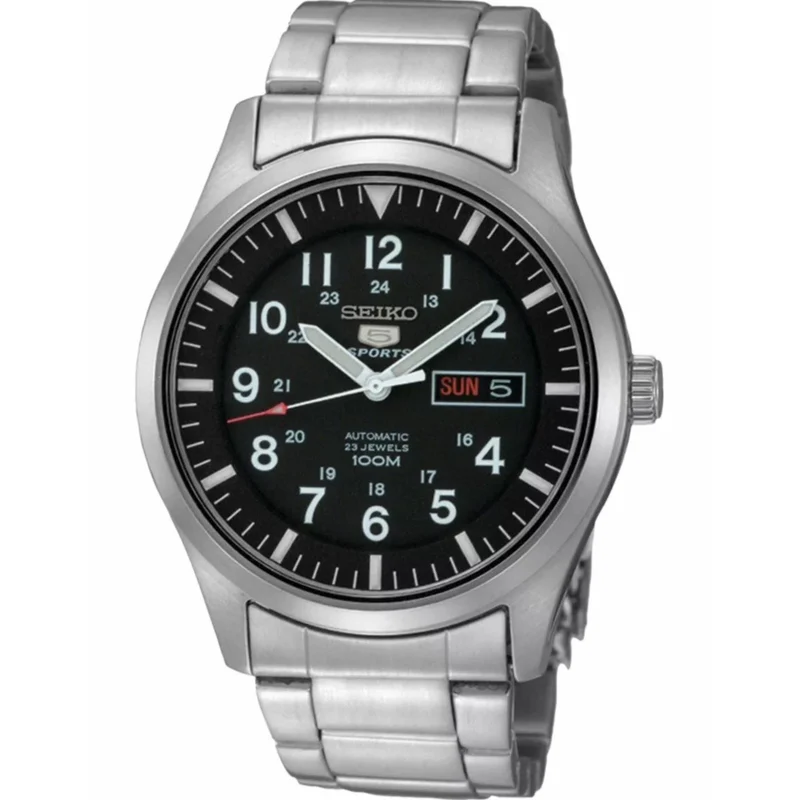 Seiko 5 Sports Military Field Automatic Black Dial Steel Bracelet Strap Men's Watch SNZG13K1