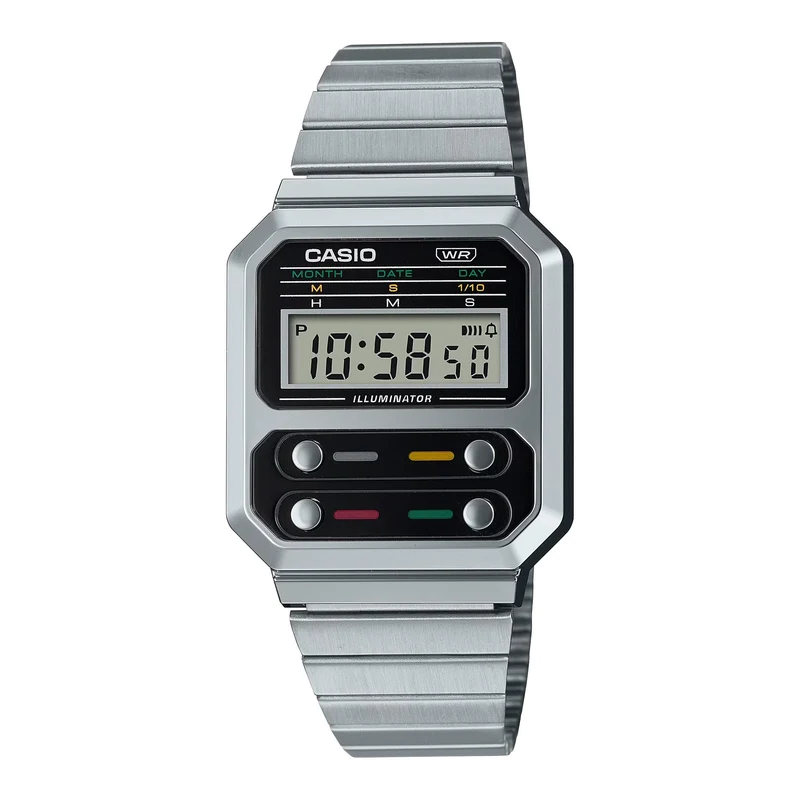 Casio Collection Vintage Retro Digital "F100 CASIO classic" Steel Bracelet Watch A100WE-1AEF