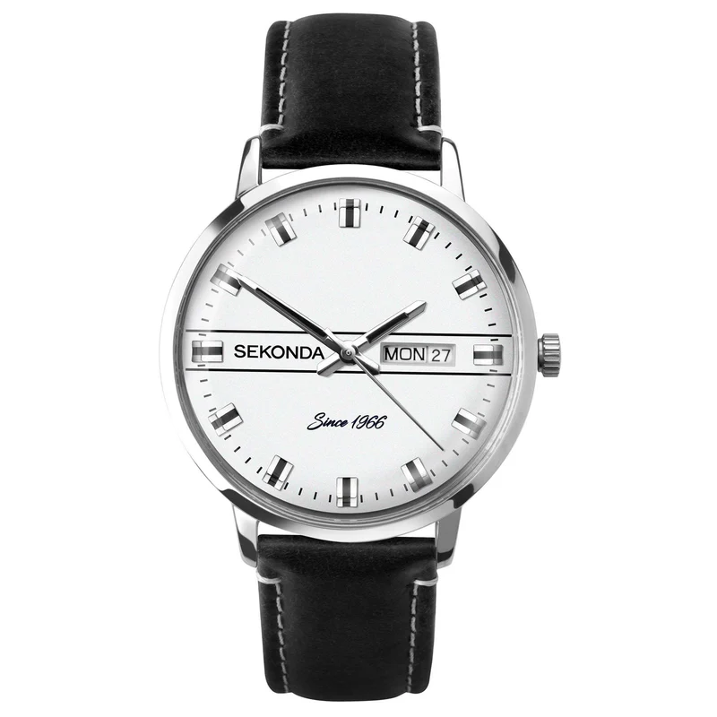 Sekonda Classic Quartz White Dial Black Leather Strap Men's Watch 1948