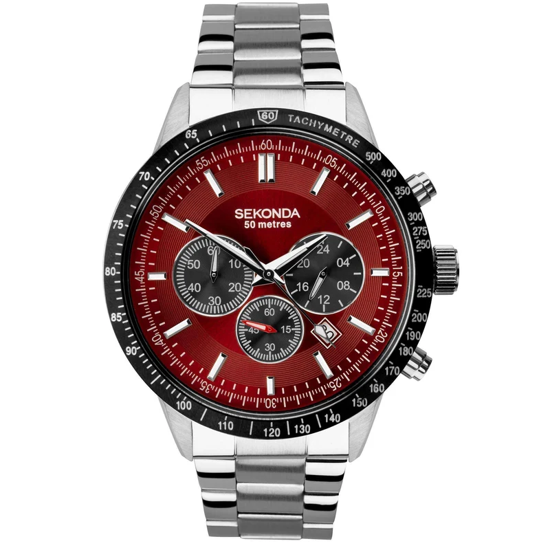 Sekonda Chronograph Quartz Red Dial Stainless Steel Bracelet Men's Watch 1914
