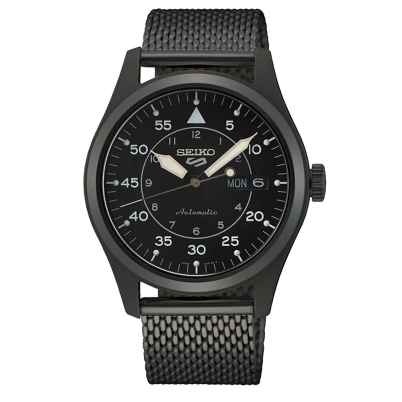 Seiko 5 Automatic Flieger Pilot/Aviation Black Dial Black PVD Milanese Bracelet Men's Watch SRPH25K1