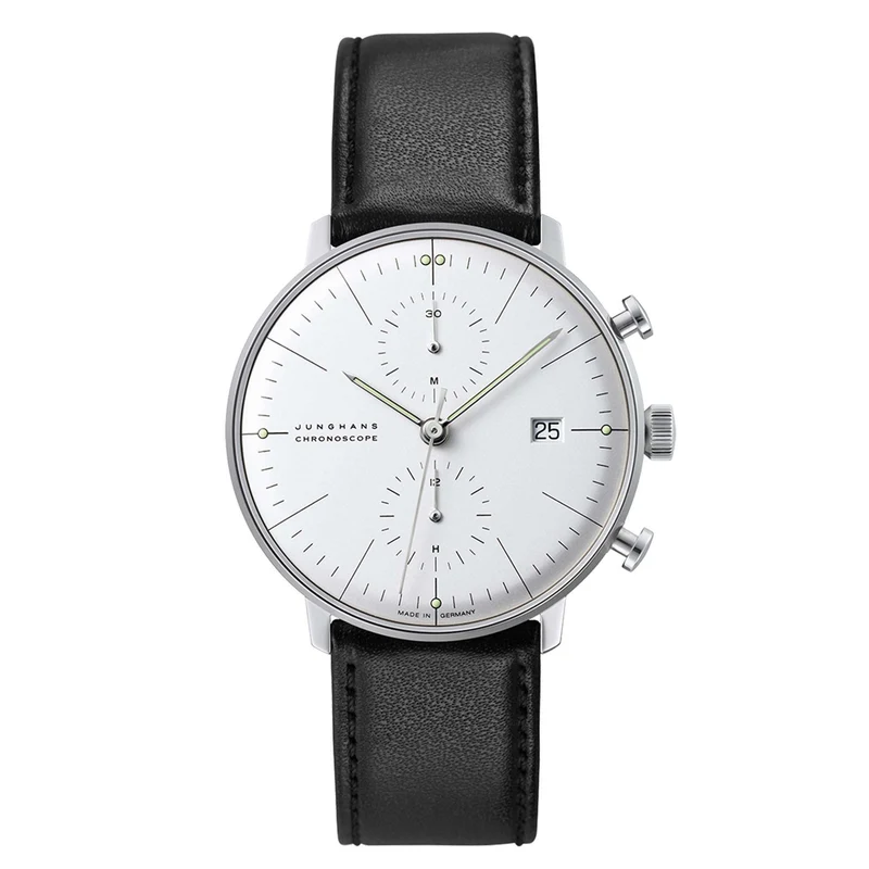 Junghans Max Bill Chronoscope Silver Dial Black Leather Strap Men's 27/4600.04