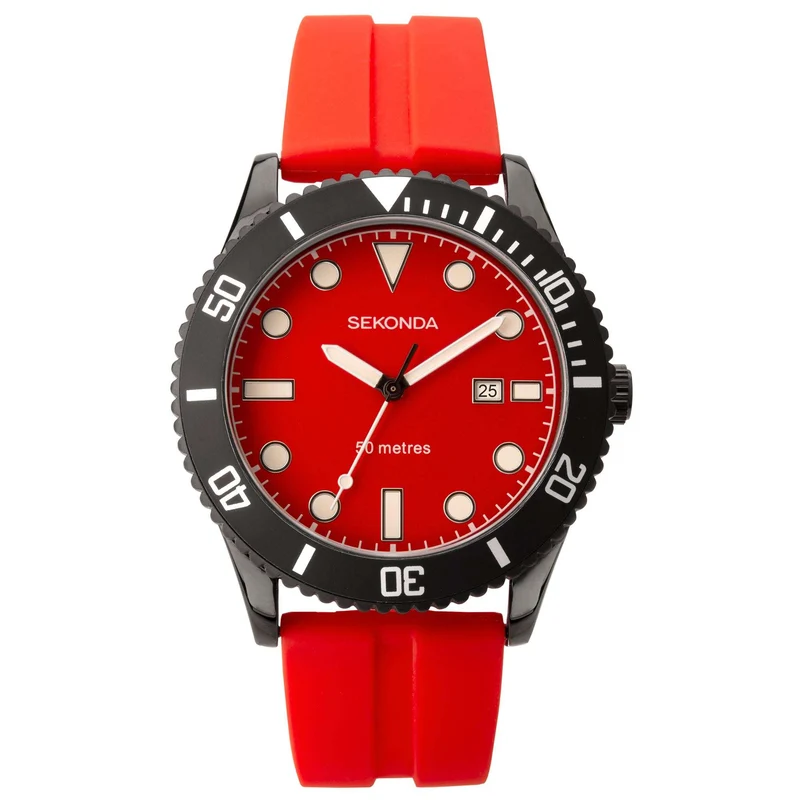 Sekonda Sports Quartz Red Dial Red Rubber Strap Men's Watch 1985