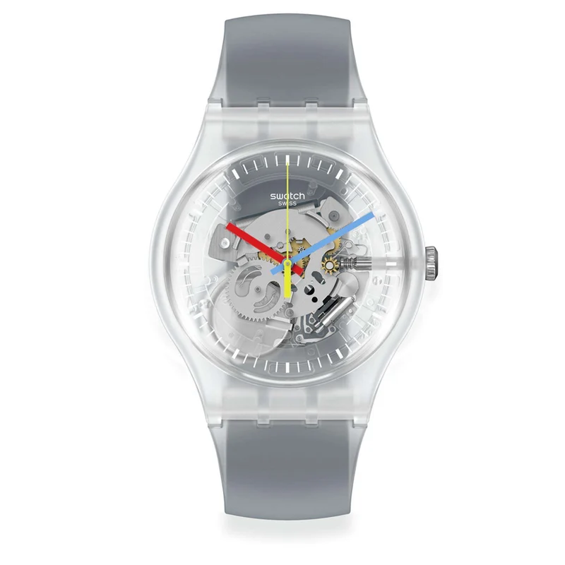 Swatch Clearly Black Striped Quartz Transparent Dial Black Silicone Strap Watch SUOK157